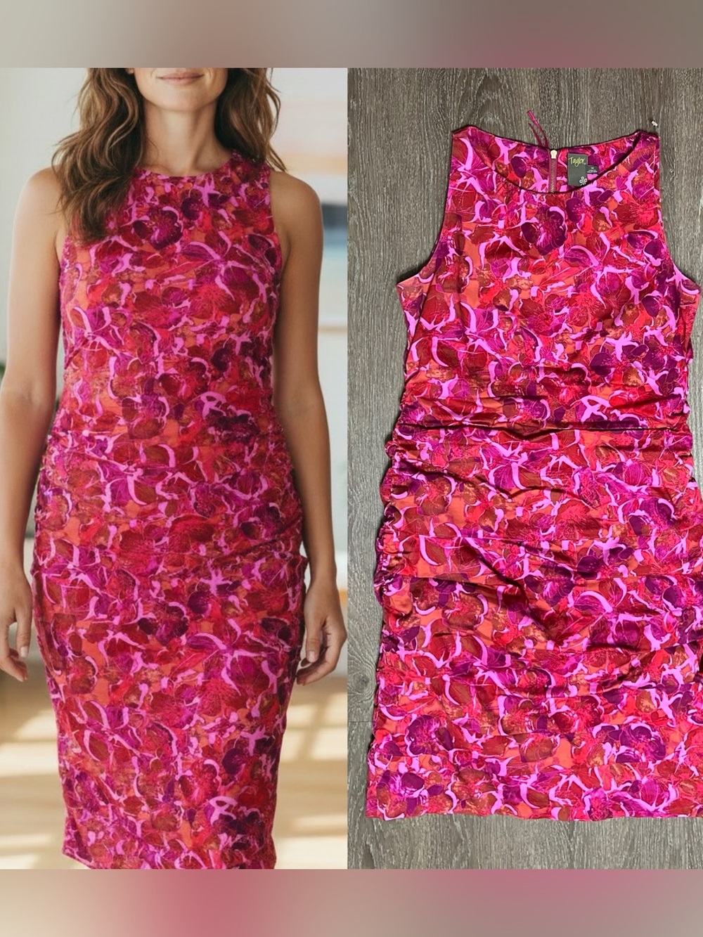 Taylor Fuchsia Pink Abstract floral Rushed Dress size 14 Very good condition